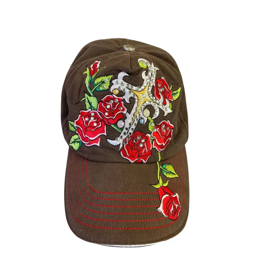 Jolly Rodger Y2K Rhinestone Rose‎ & Cross Baseball Hat 100% Cotton Country